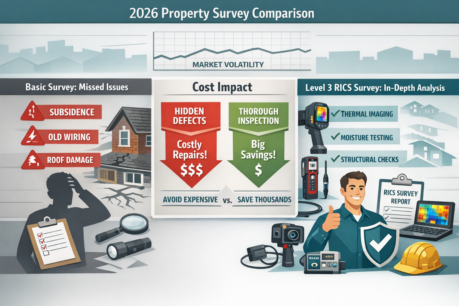 () comparison visualization showing two parallel property inspection scenarios in 2026 market conditions. Left panel depicts