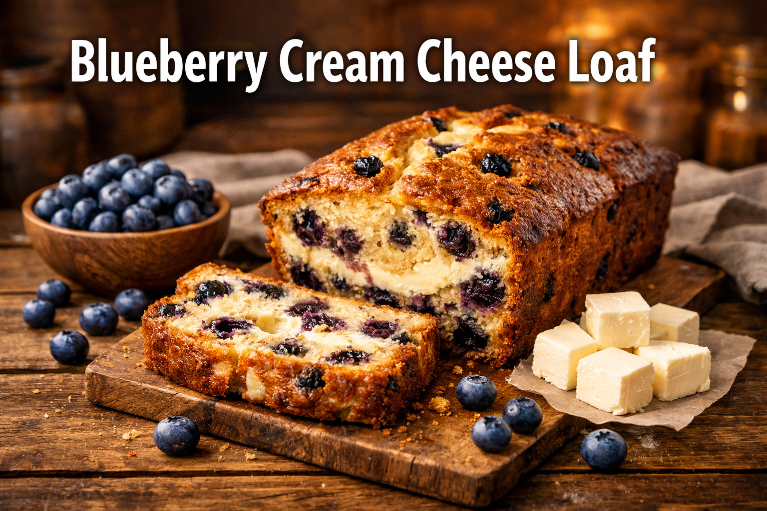 Professional landscape hero image (1536x1024) featuring bold text overlay 'Blueberry Cream Cheese Loaf' in extra large 72pt white sans-serif