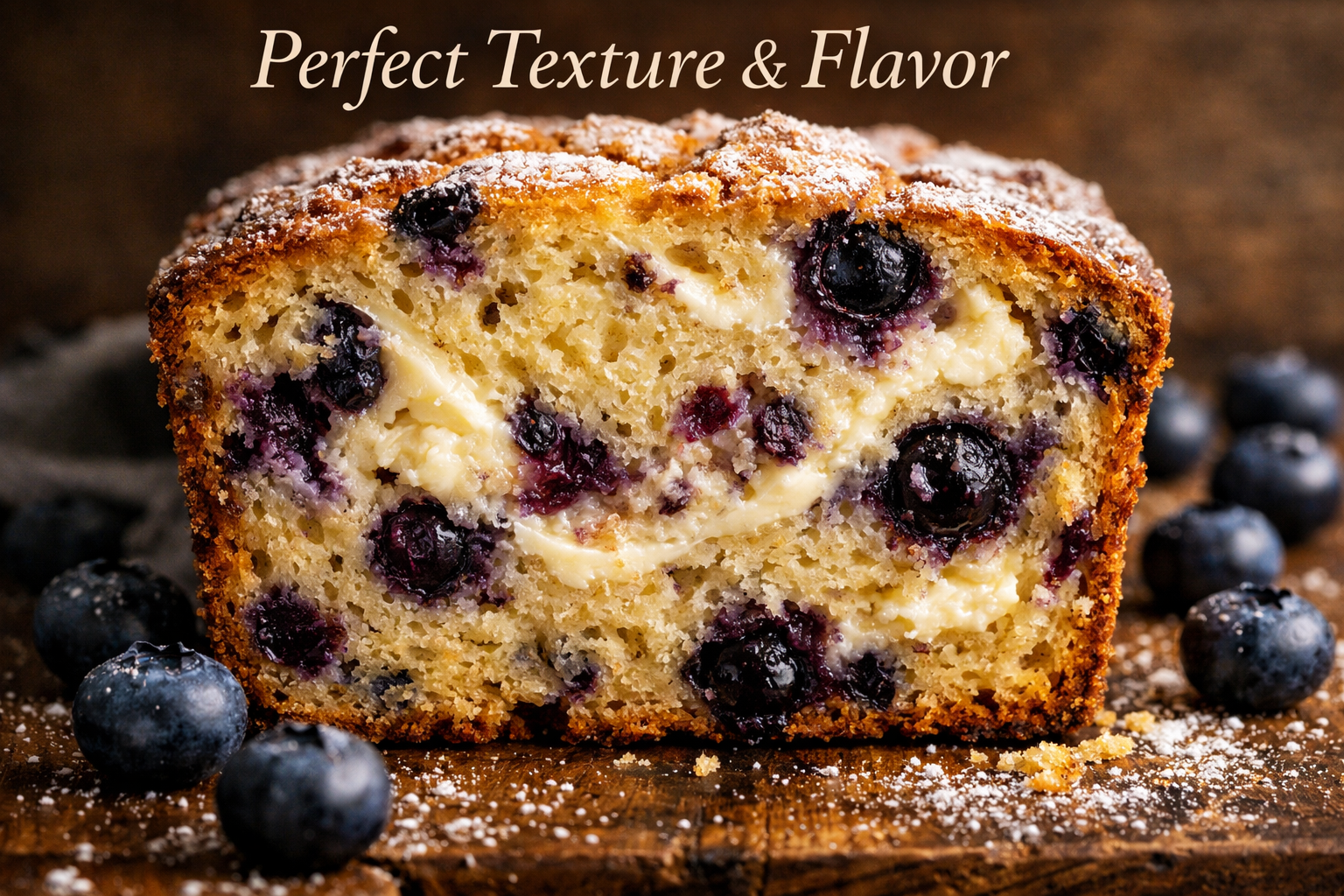 Detailed cross-section view of perfectly baked blueberry cream cheese loaf showing moist golden crumb structure with visible blueberries and