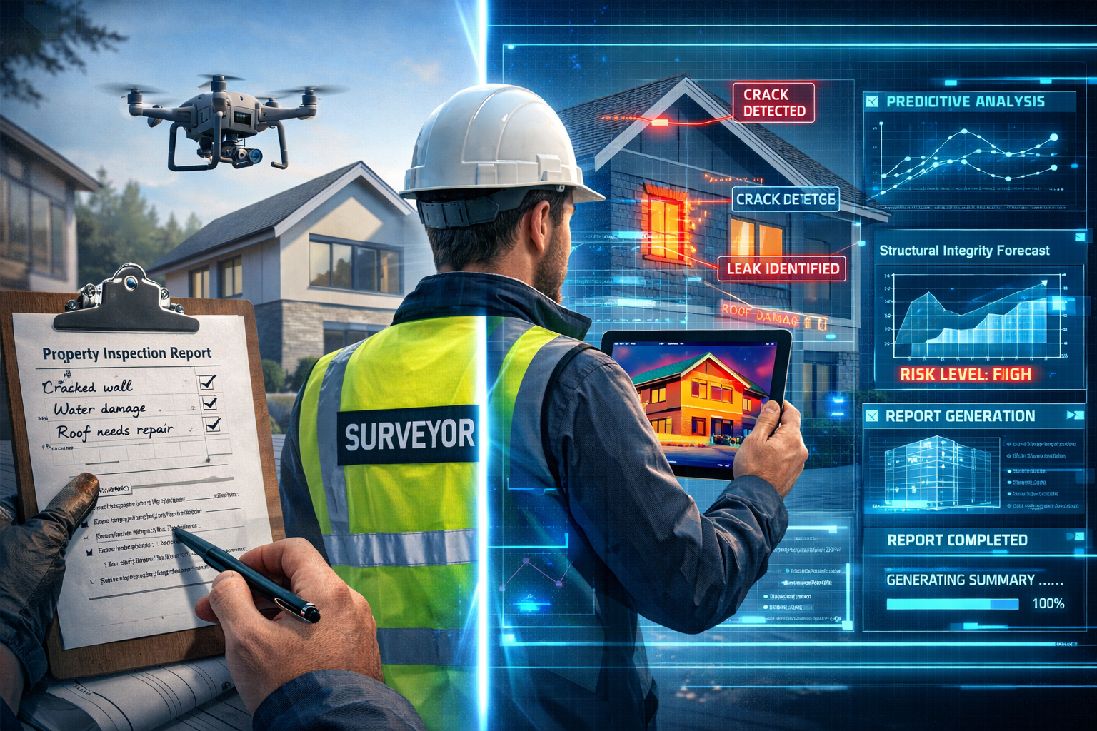 Detailed landscape format (1536x1024) image depicting modern surveyor using advanced technology in property inspection. Central figure holdi