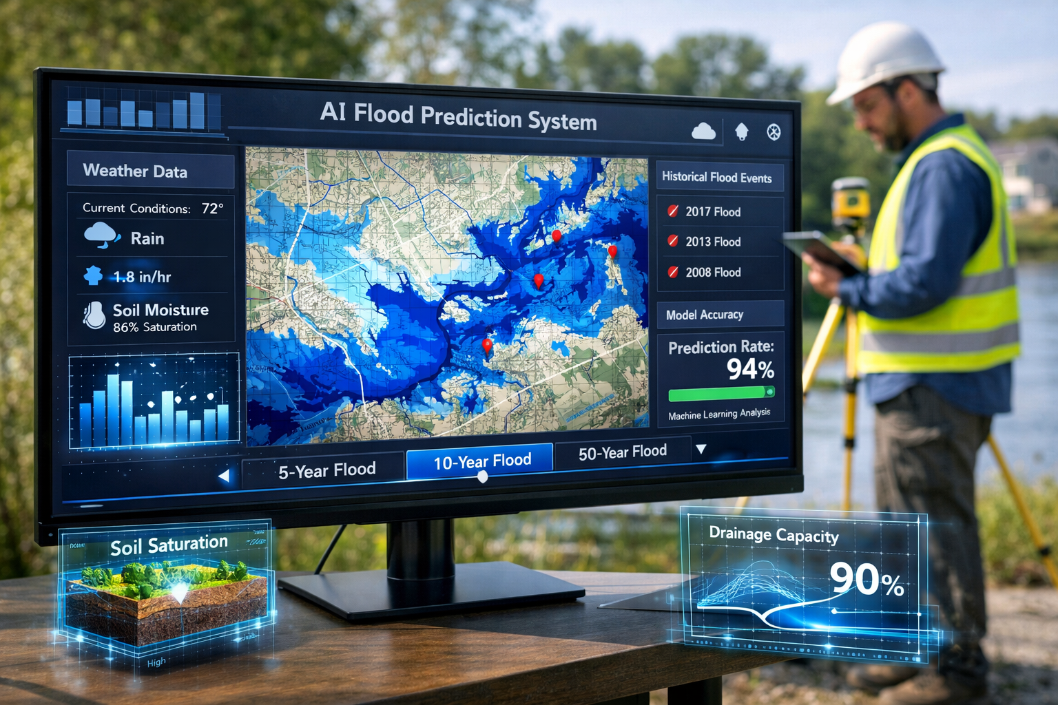 Landscape format (1536x1024) editorial image showing AI-powered flood prediction system interface on large monitor display. Screen shows det