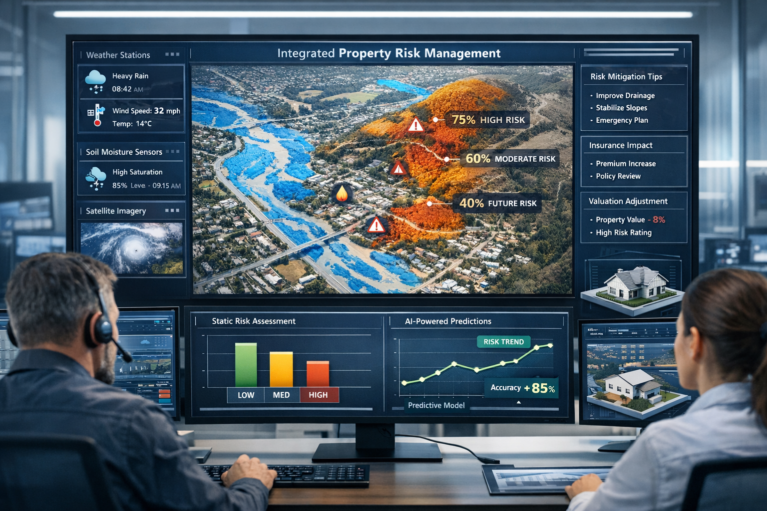 Landscape format (1536x1024) comprehensive dashboard visualization showing integrated property risk management system. Central display featu
