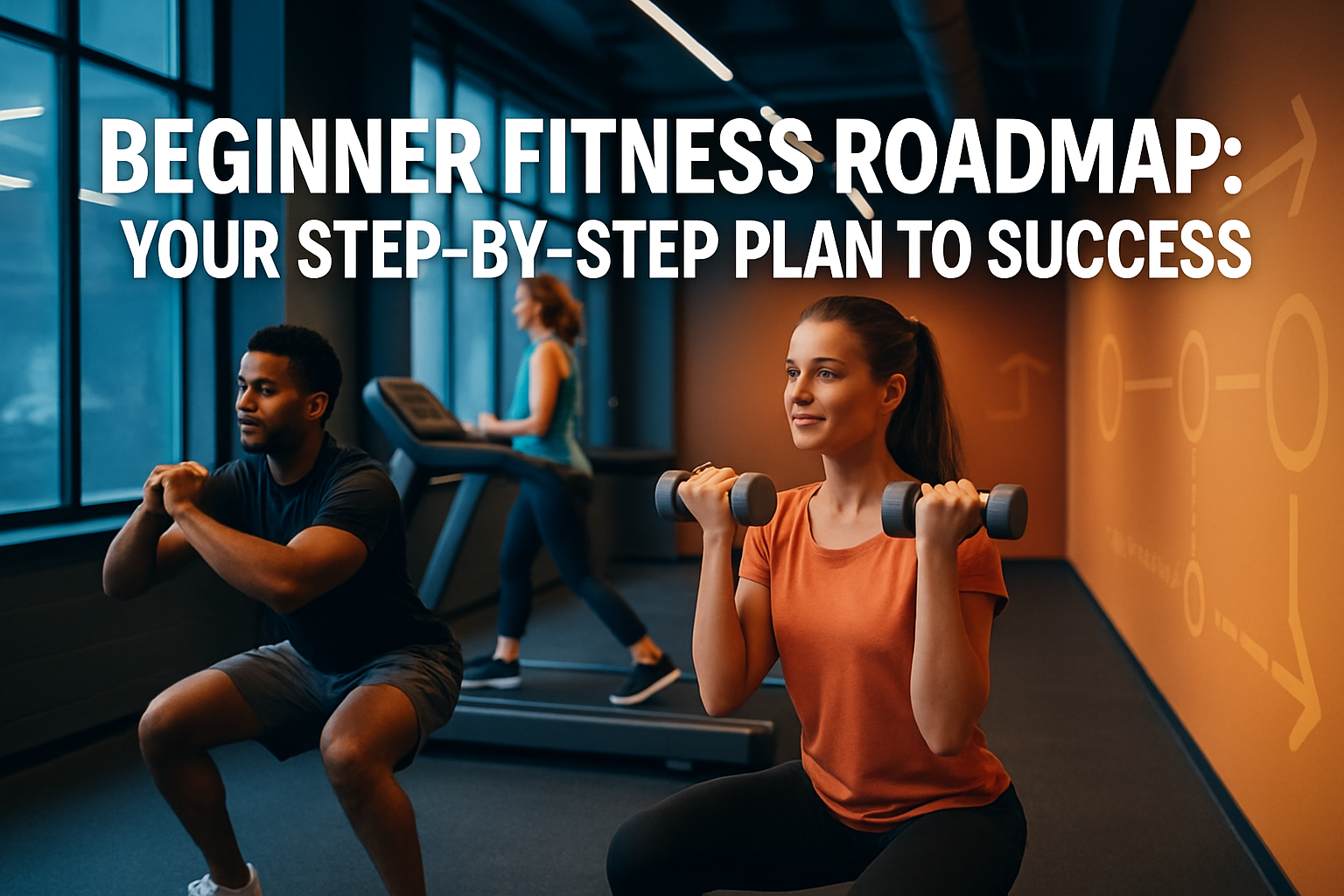 Professional landscape hero image (1536x1024) featuring bold text overlay 'Beginner Fitness Roadmap: Your Step-by-Step Plan to Success' in e