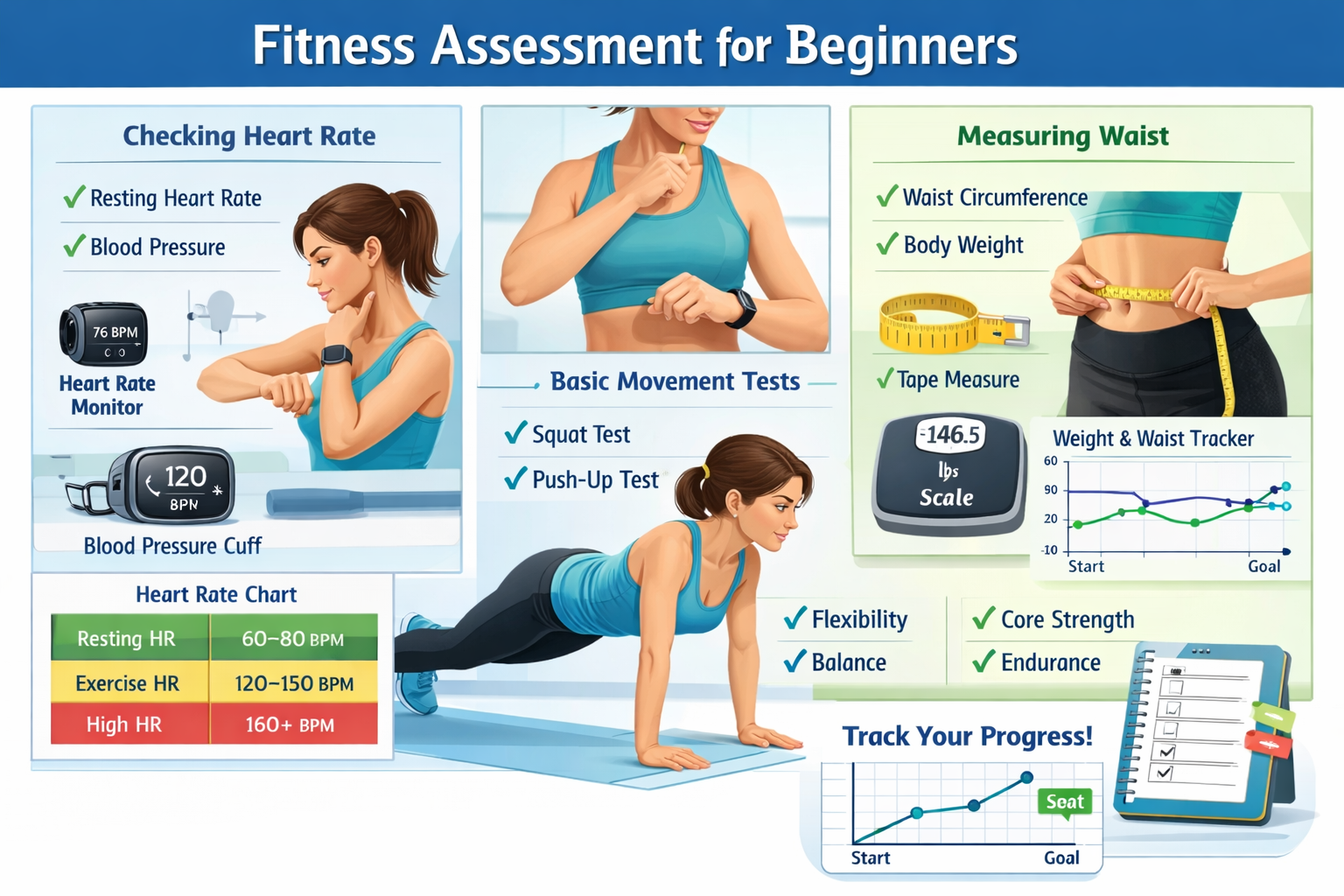 Detailed infographic showing fitness assessment components for beginners - split screen layout with person checking heart rate, measuring wa