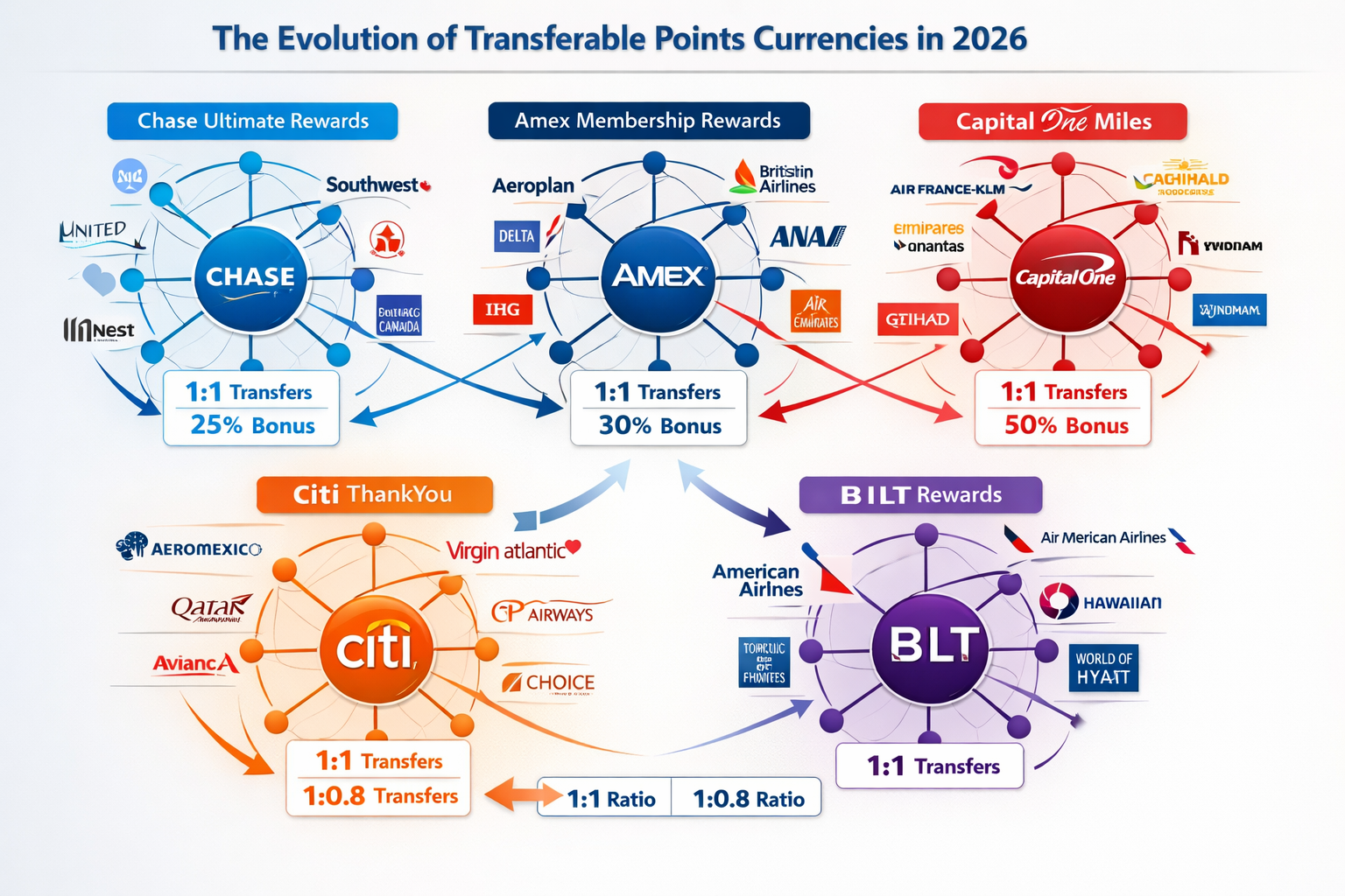 Detailed infographic illustration showing the evolution of transferable points currencies in 2026, featuring five major credit card ecosyste