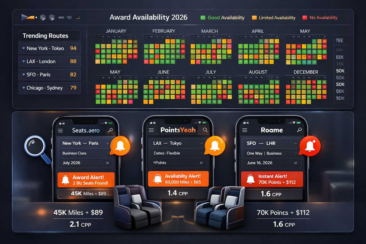 Sophisticated dashboard interface mockup showing modern award availability tracking tools and alert systems for 2026. Split-screen layout: t