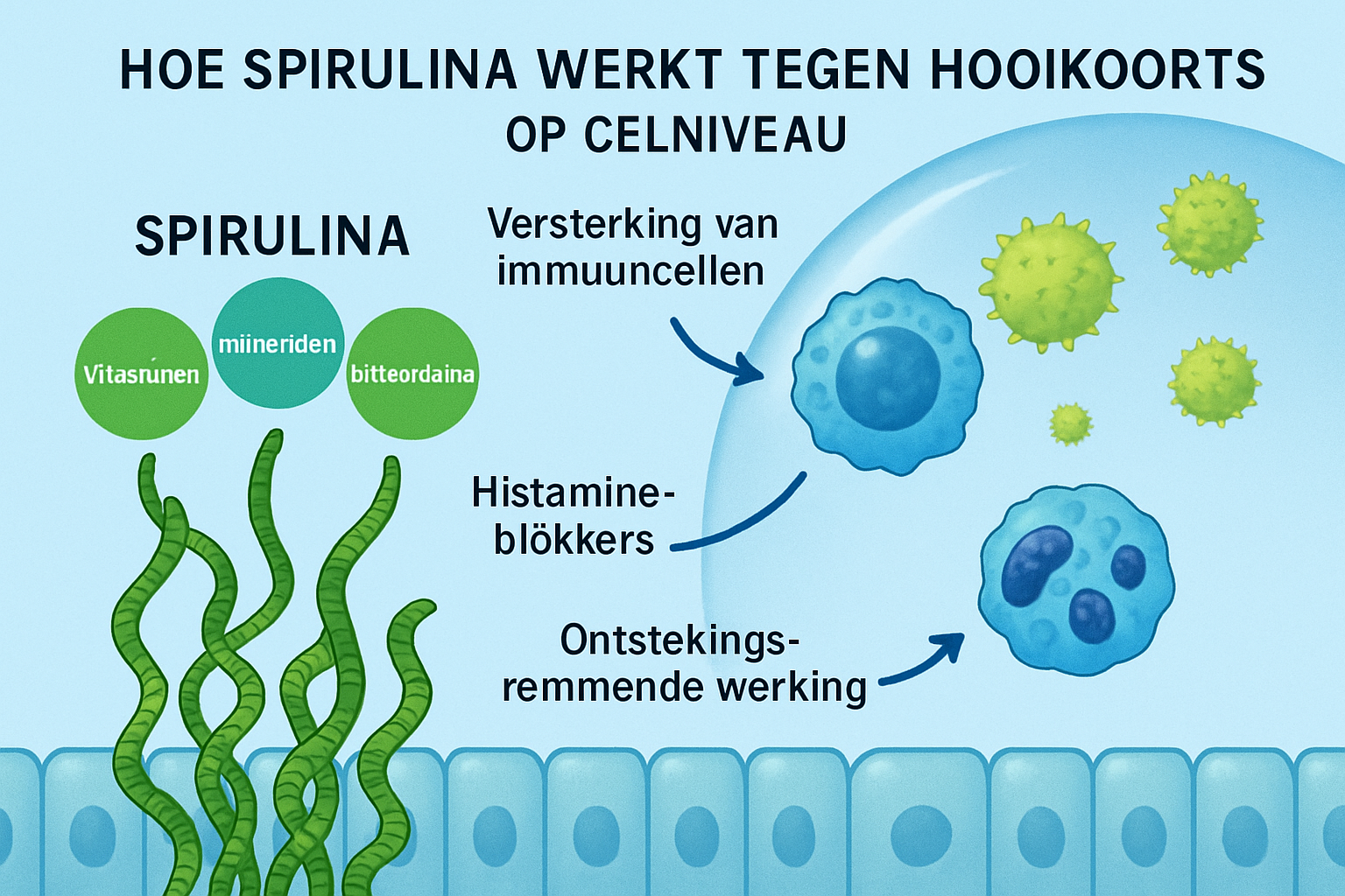Educational landscape illustration (1536x1024) depicting how spirulina works against hay fever at cellular level. Shows microscopic view of 