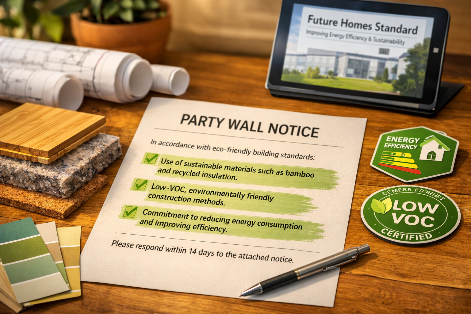 Detailed () image showing close-up of official party wall notice document on architect's desk with sustainable building