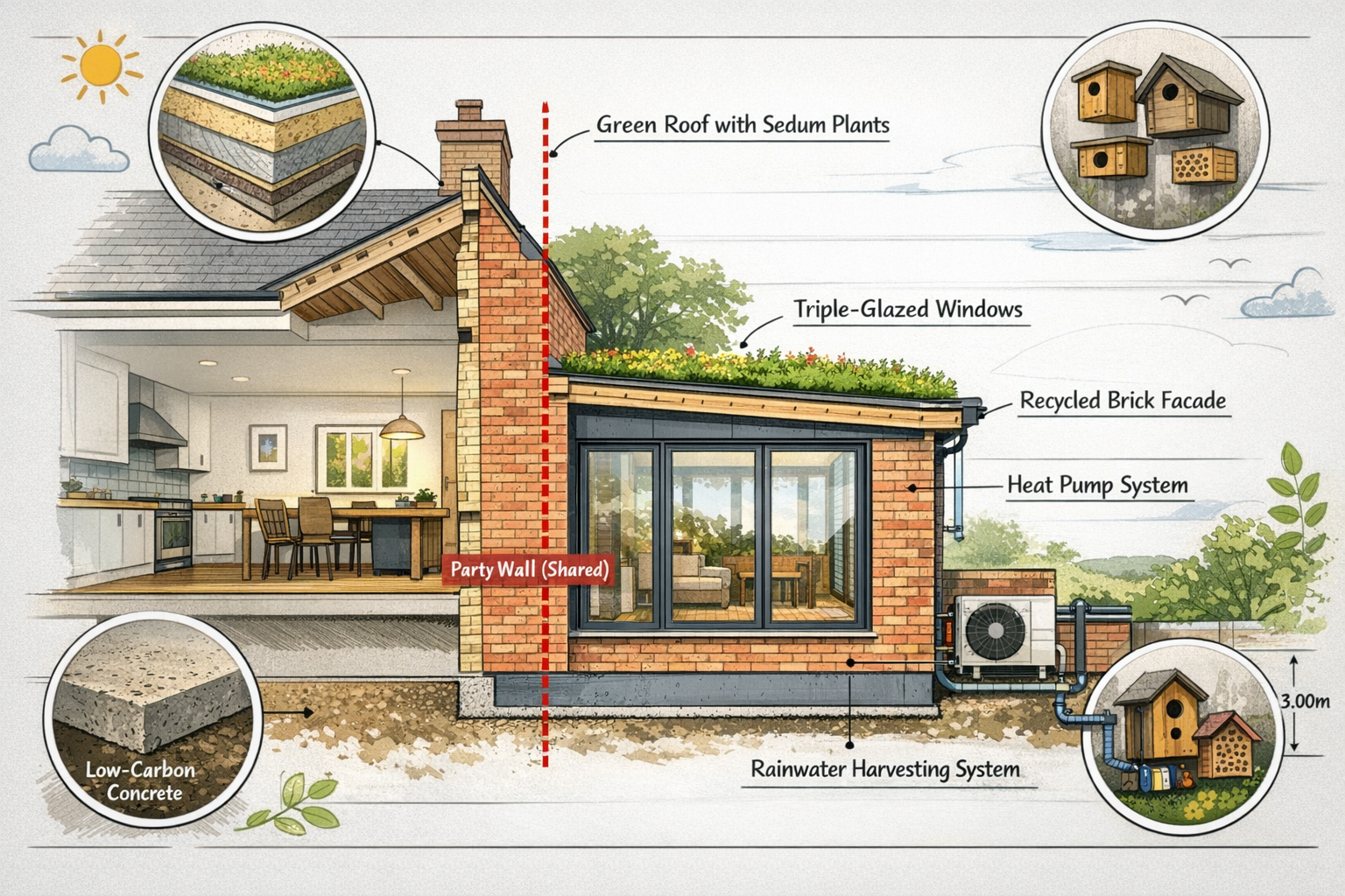 Detailed () architectural cross-section illustration of a terraced house showing party wall location with sustainable