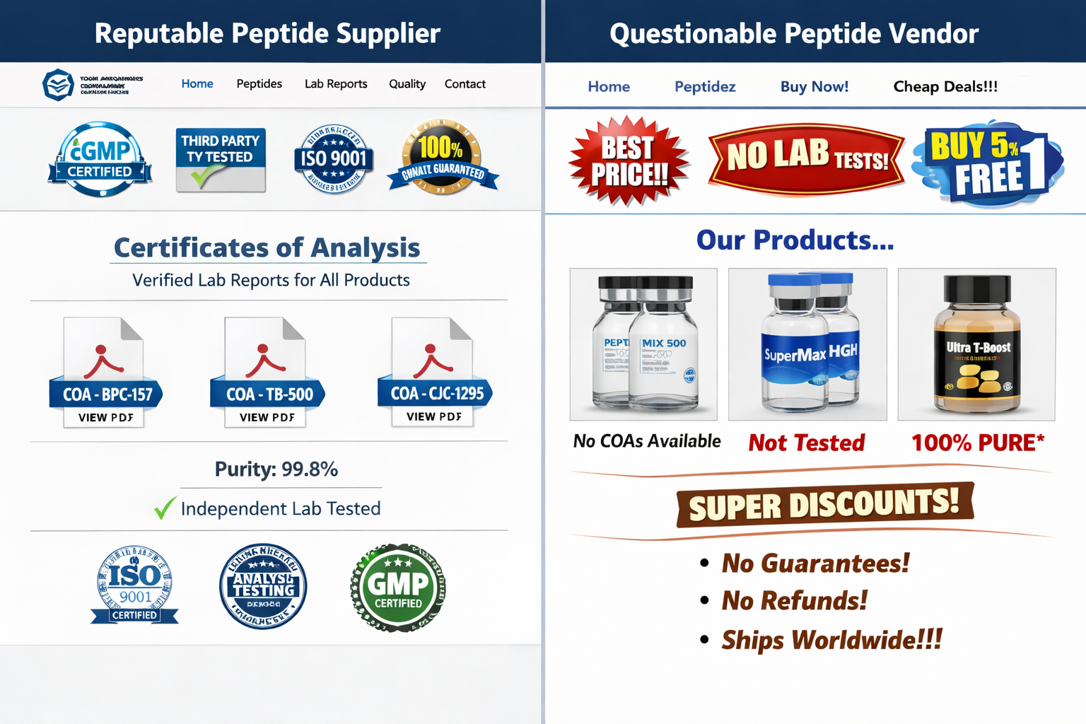 Split-screen comparison showing legitimate peptide supplier website with certificates of analysis on left versus questionable vendor site on