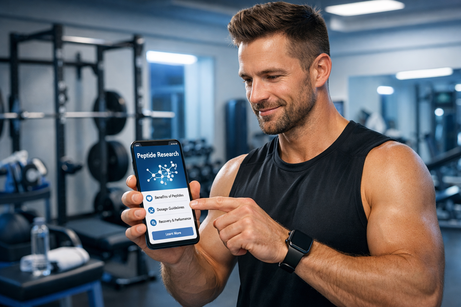 Fitness enthusiast in modern gym consulting smartphone showing peptide research, workout equipment in background, athletic recovery theme, p