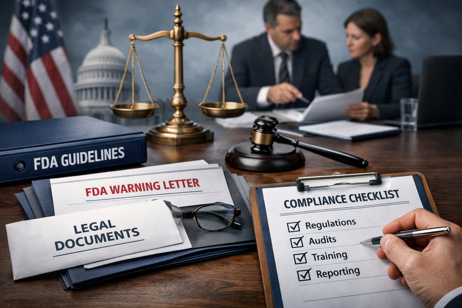 Regulatory compliance visualization showing FDA guidelines, warning letters, legal documentation, compliance checklist, professional busines
