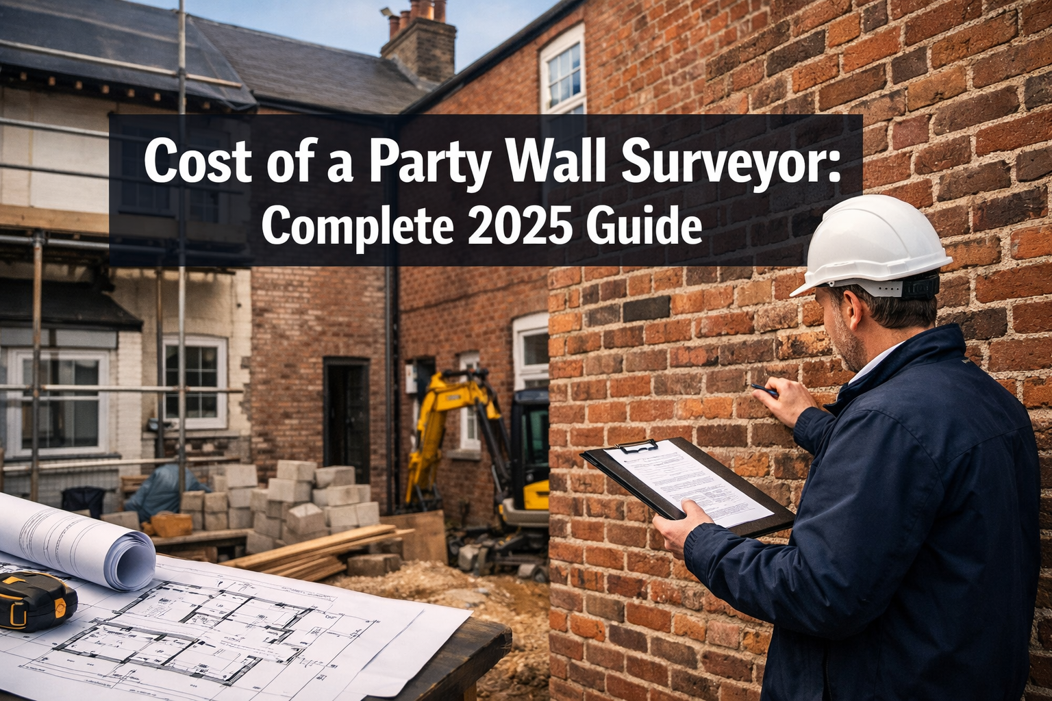 Professional landscape hero image (1536x1024) featuring bold text overlay 'Cost of a Party Wall Surveyor: Complete 2025 Guide' in extra larg