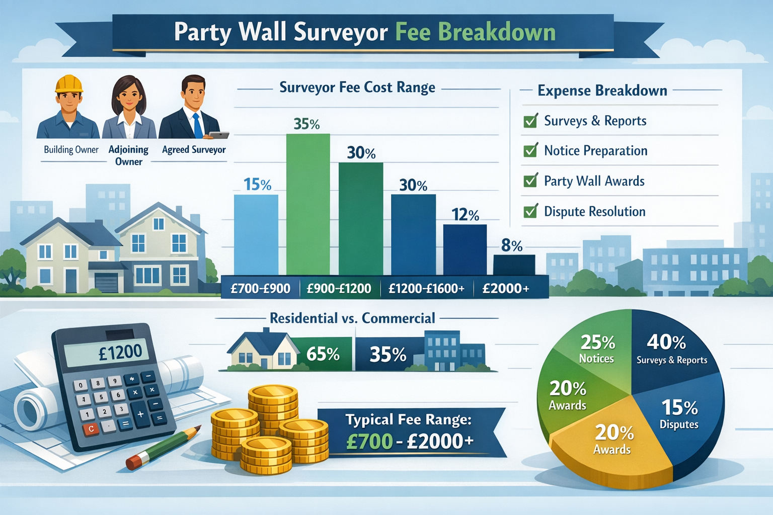 Detailed landscape infographic (1536x1024) showing party wall surveyor fee breakdown with professional bar chart displaying different cost r
