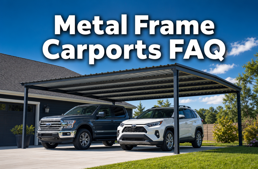 Professional () hero image with : 'Metal Frame Carports FAQ' in extra large white with dark drop , centered in upper third