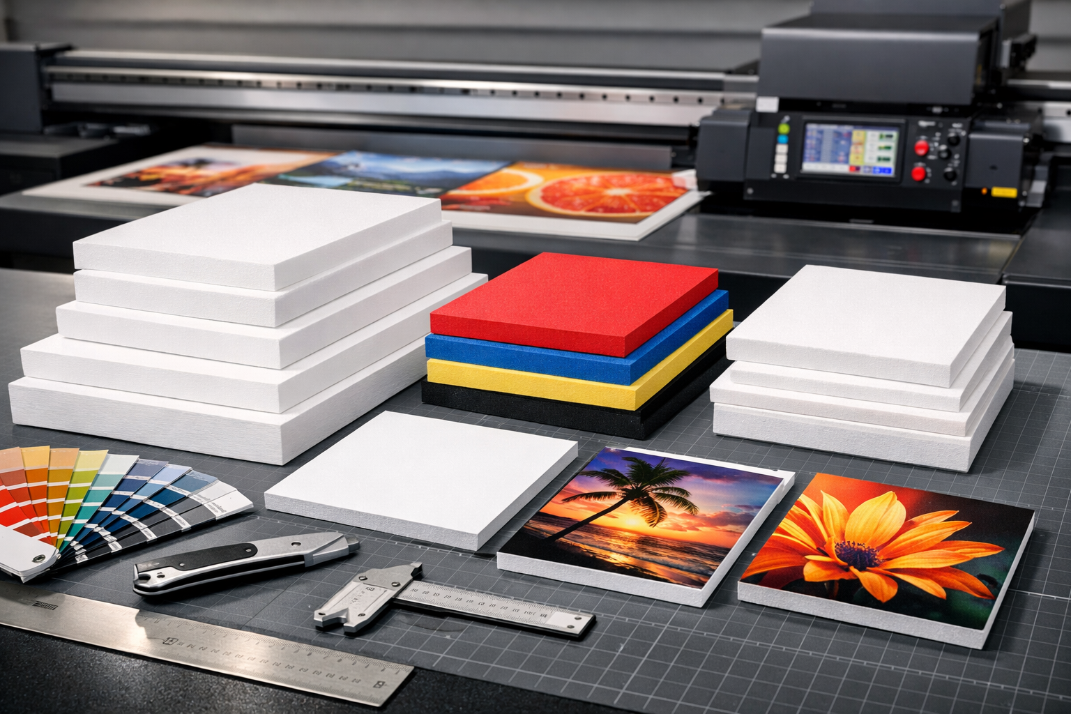 Detailed landscape format (1536x1024) image showing various types of foam boards (white, colored, different thicknesses) arranged on modern 