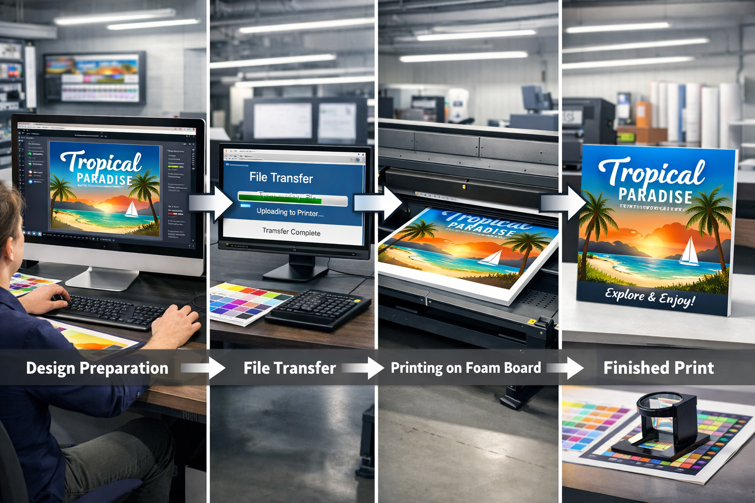 Landscape format (1536x1024) image depicting step-by-step printing process workflow: design preparation on computer screen, file transfer, d