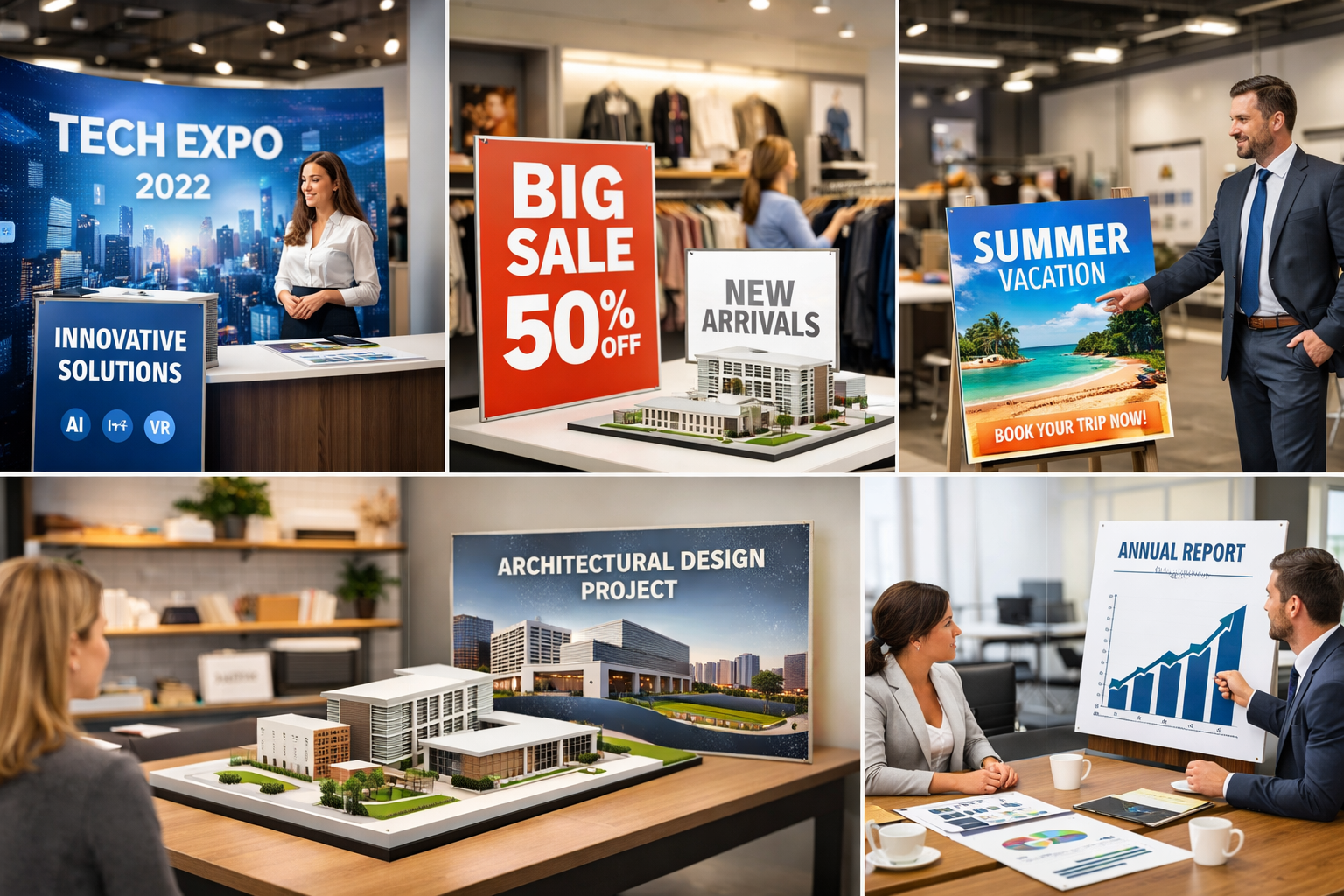 Landscape format (1536x1024) image showcasing diverse applications of printed foam boards: trade show displays, retail signage, architectura