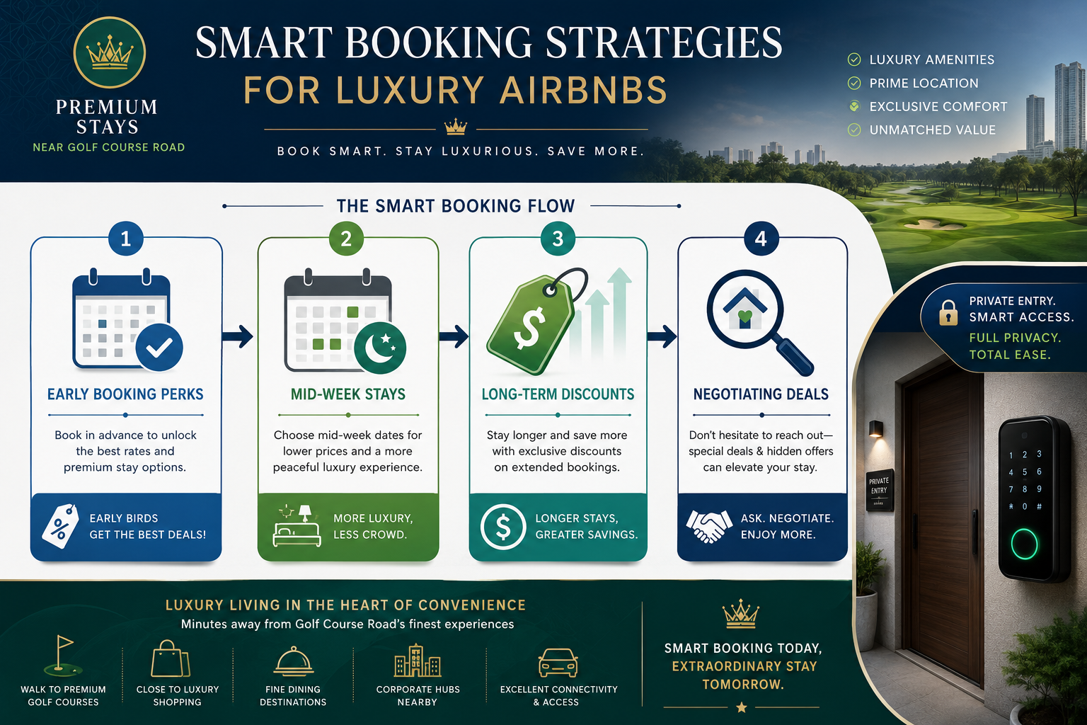 Detailed () image featuring an infographic on 'Smart Booking Strategies for Luxury Airbnbs'. The central element is a