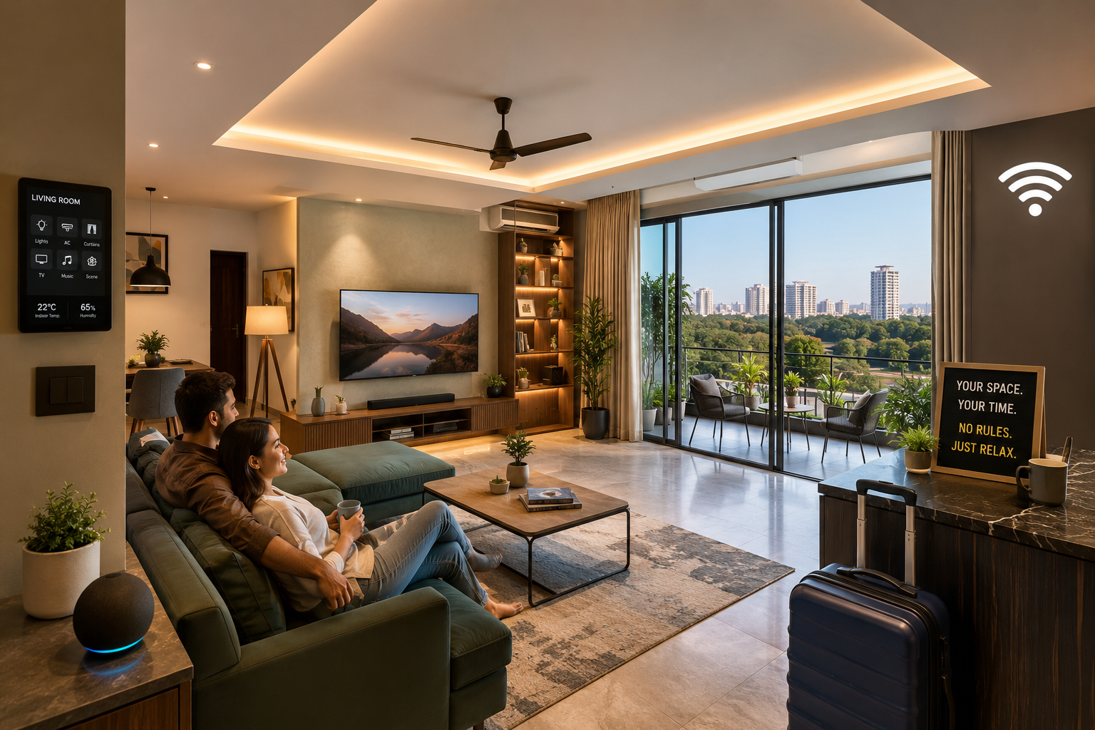 Detailed () image showcasing the interior of a fully automated, private Airbnb floor near Golf Course Road. The focus is on