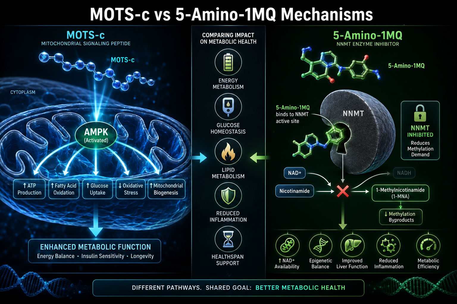 MOTS-c and 5-Amino-1MQ: Mitochondrial and Enzymatic Pathways