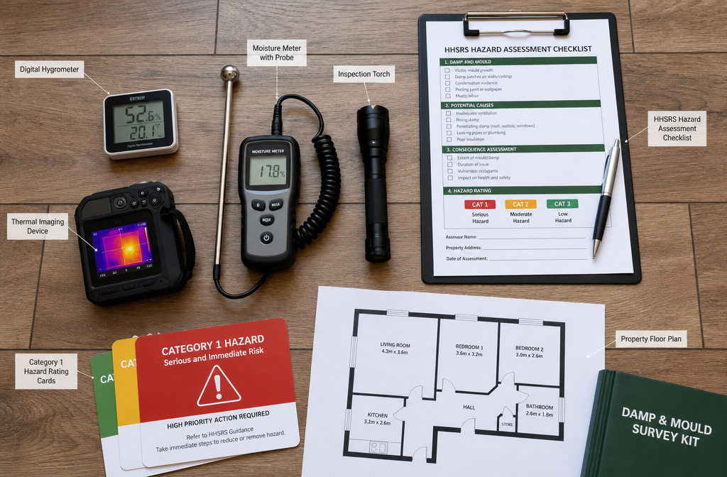 Detailed () close-up overhead shot of a professional damp and mould survey inspection toolkit laid out on a wooden floor: