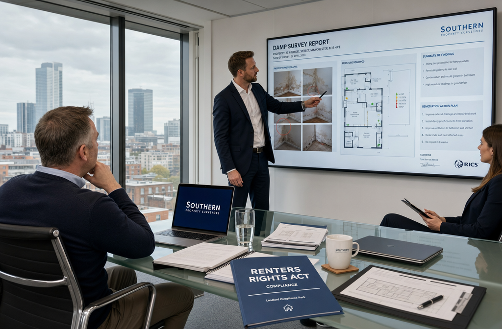 Detailed () wide-angle view of a professional landlord compliance meeting in a modern UK property management office: two