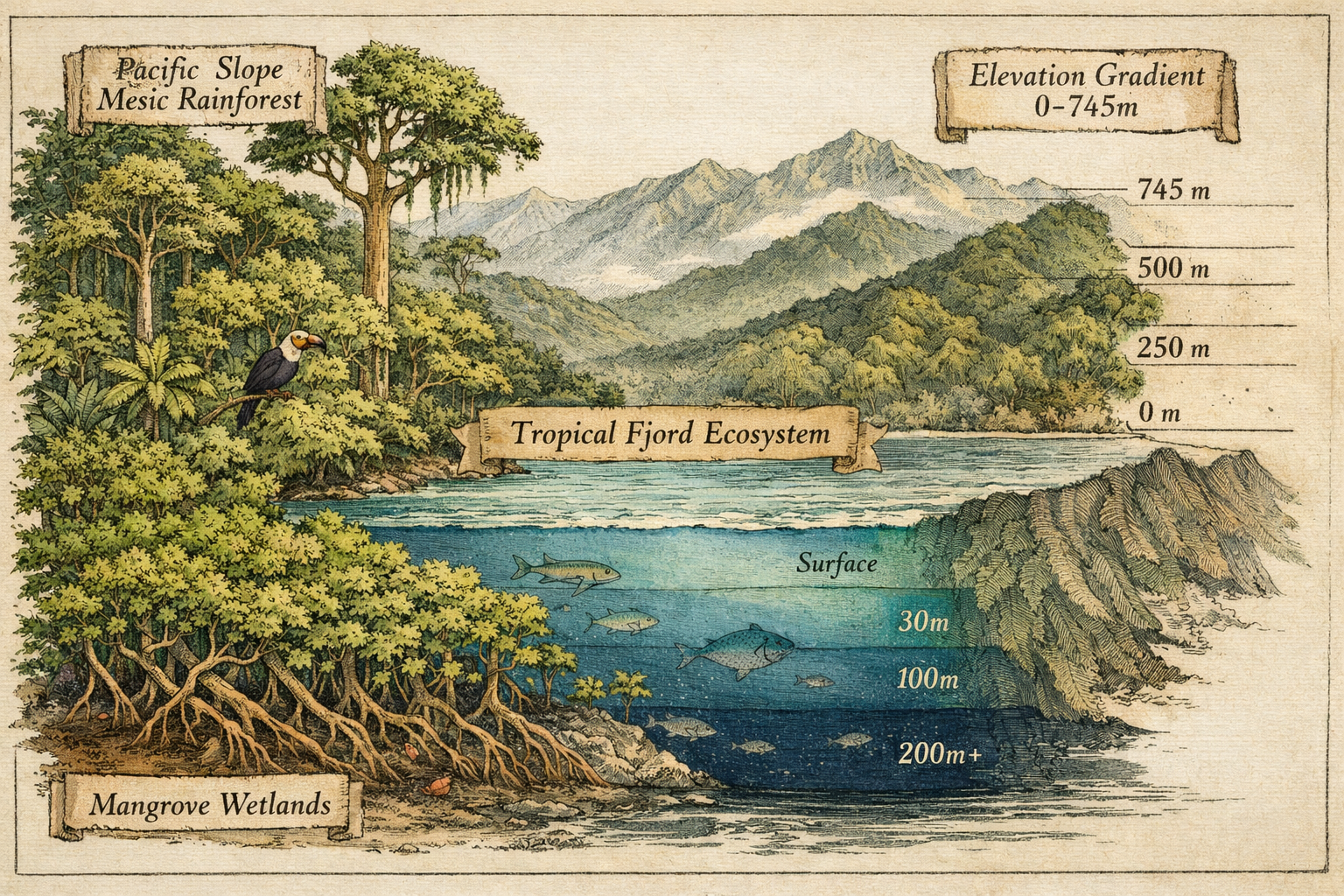 () detailed cross-section illustration showing the Osa Peninsula's unique geographic convergence: tropical lowland
