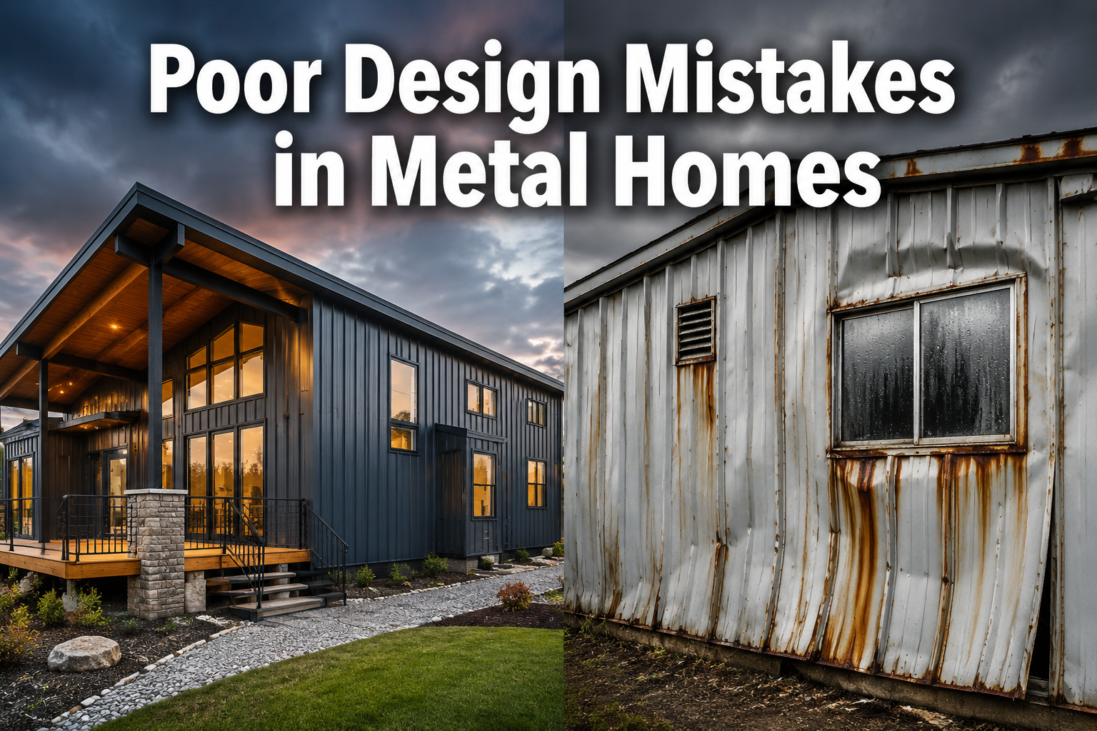 Professional () hero image with : 'Poor Design Mistakes in Metal Homes' in extra large white with dark drop , centered in