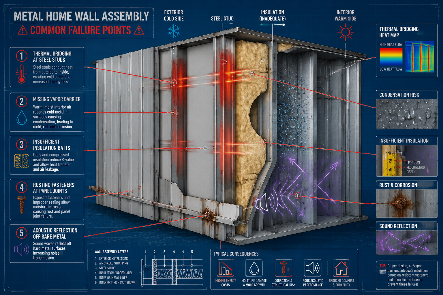 Detailed () educational infographic-style illustration showing a cross-section cutaway of a metal home wall assembly,