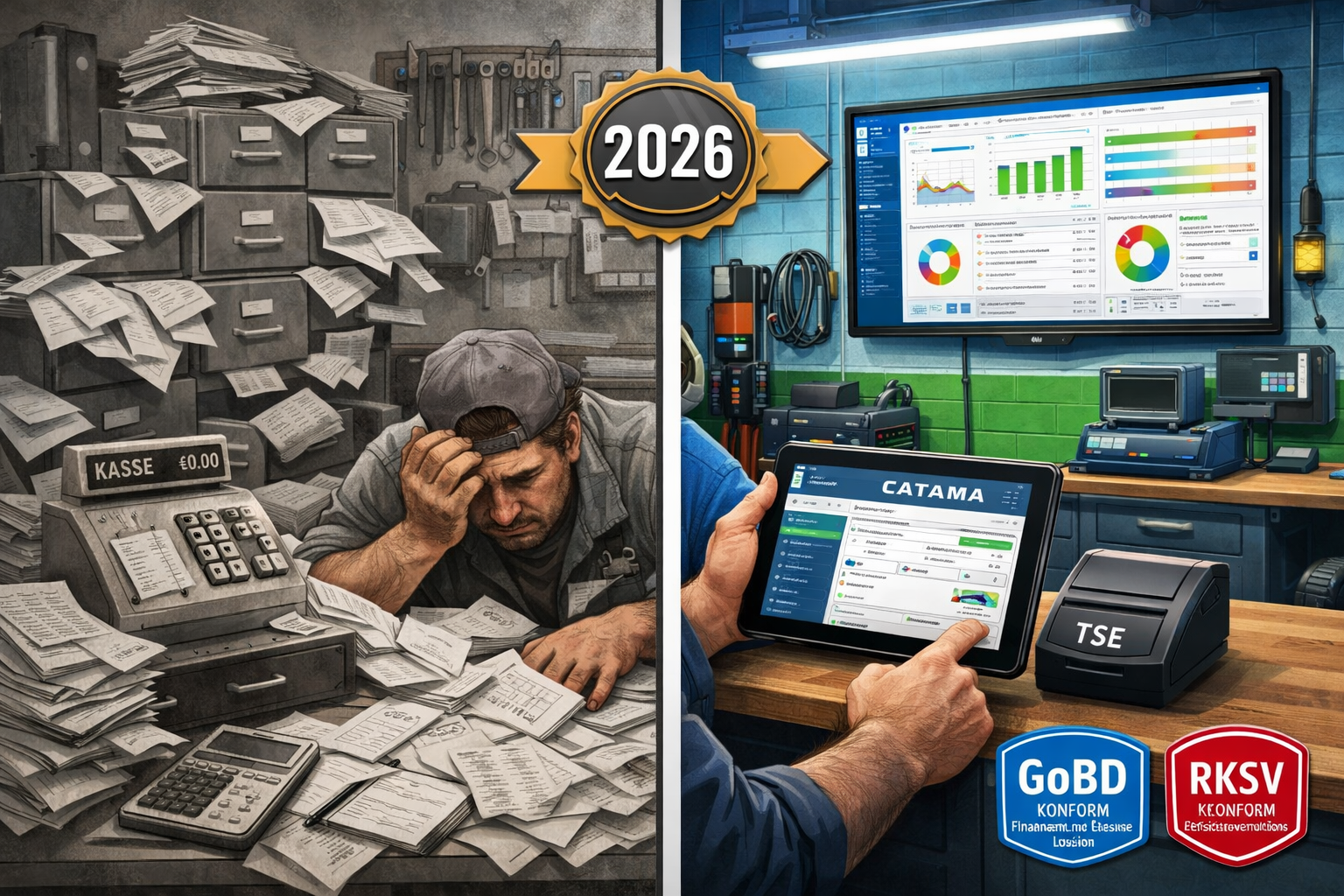 Landscape format (1536x1024) detailed illustration showing split-screen comparison of traditional paper-based workshop administration versus