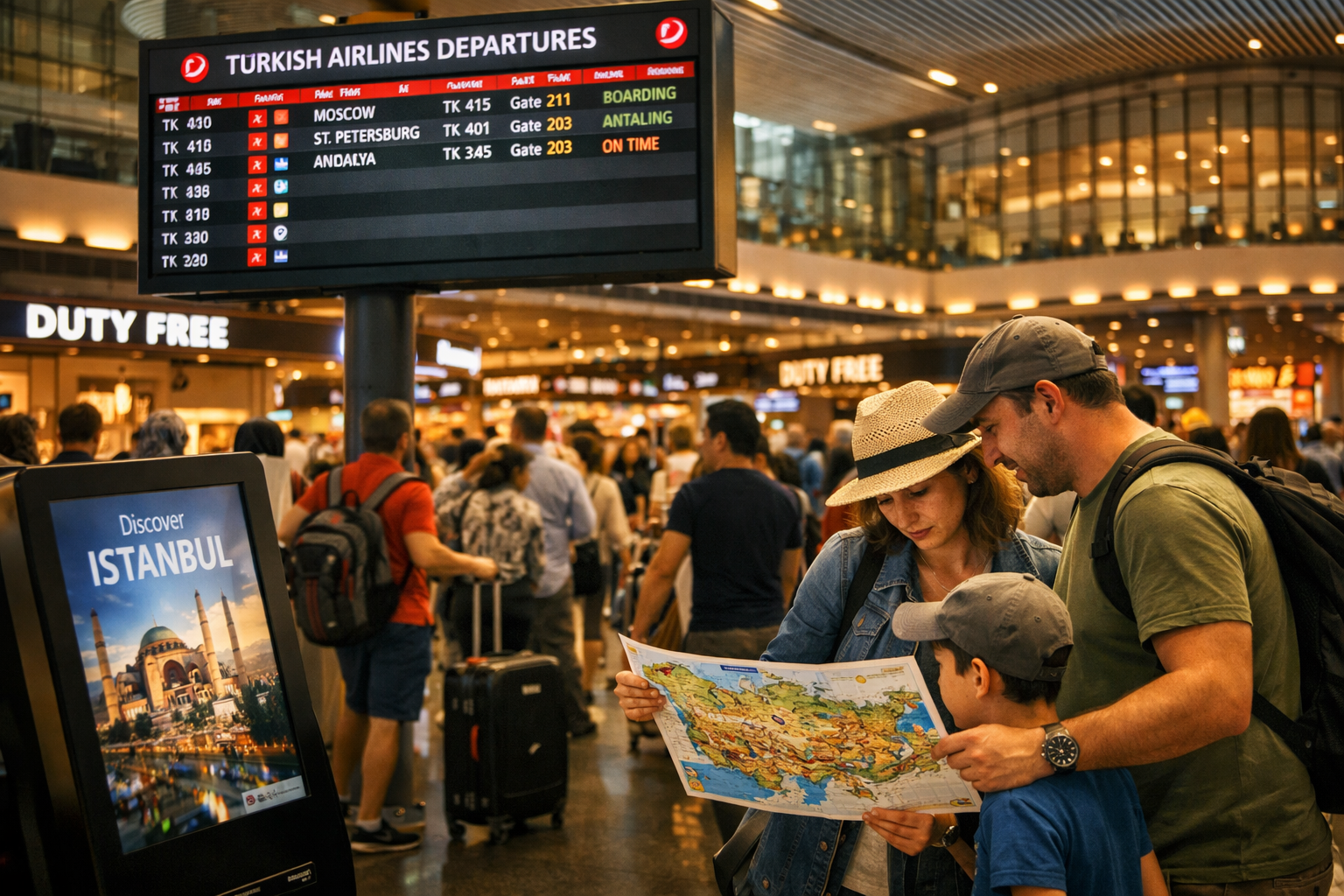 Detailed () editorial photograph of a bustling Istanbul airport terminal interior showing diverse crowds of travelers with