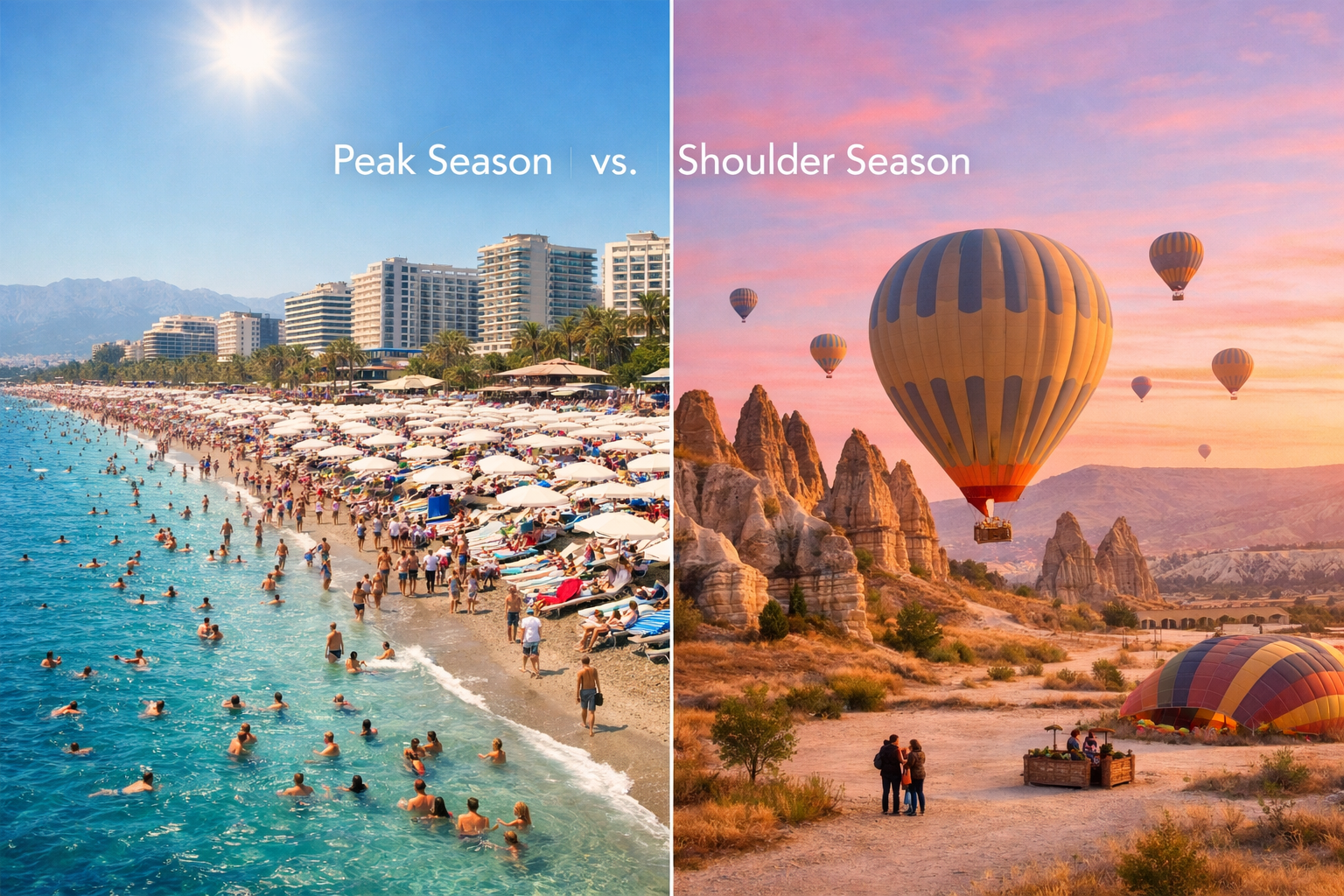 Detailed () split-scene editorial image: left half shows a crowded Antalya beach in peak July summer with packed sunbeds,