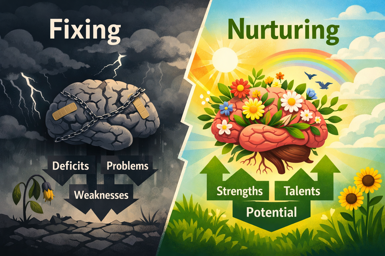 Landscape format (1536x1024) illustration showing transformation from deficit-based thinking to strength-based approach, split-screen design