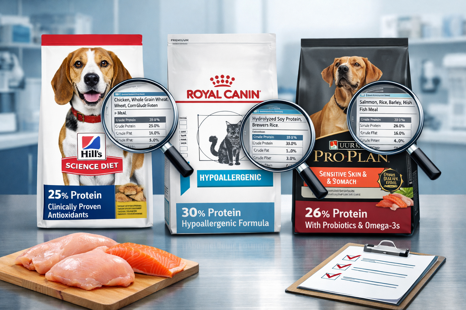Landscape format (1536x1024) editorial image showing three premium pet food brands side-by-side comparison: Hill's Science Diet bag, Royal C