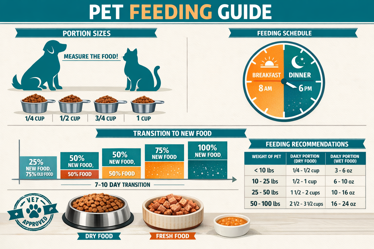 Landscape format (1536x1024) detailed feeding guide infographic showing dog and cat silhouettes with portion control measurements, measuring