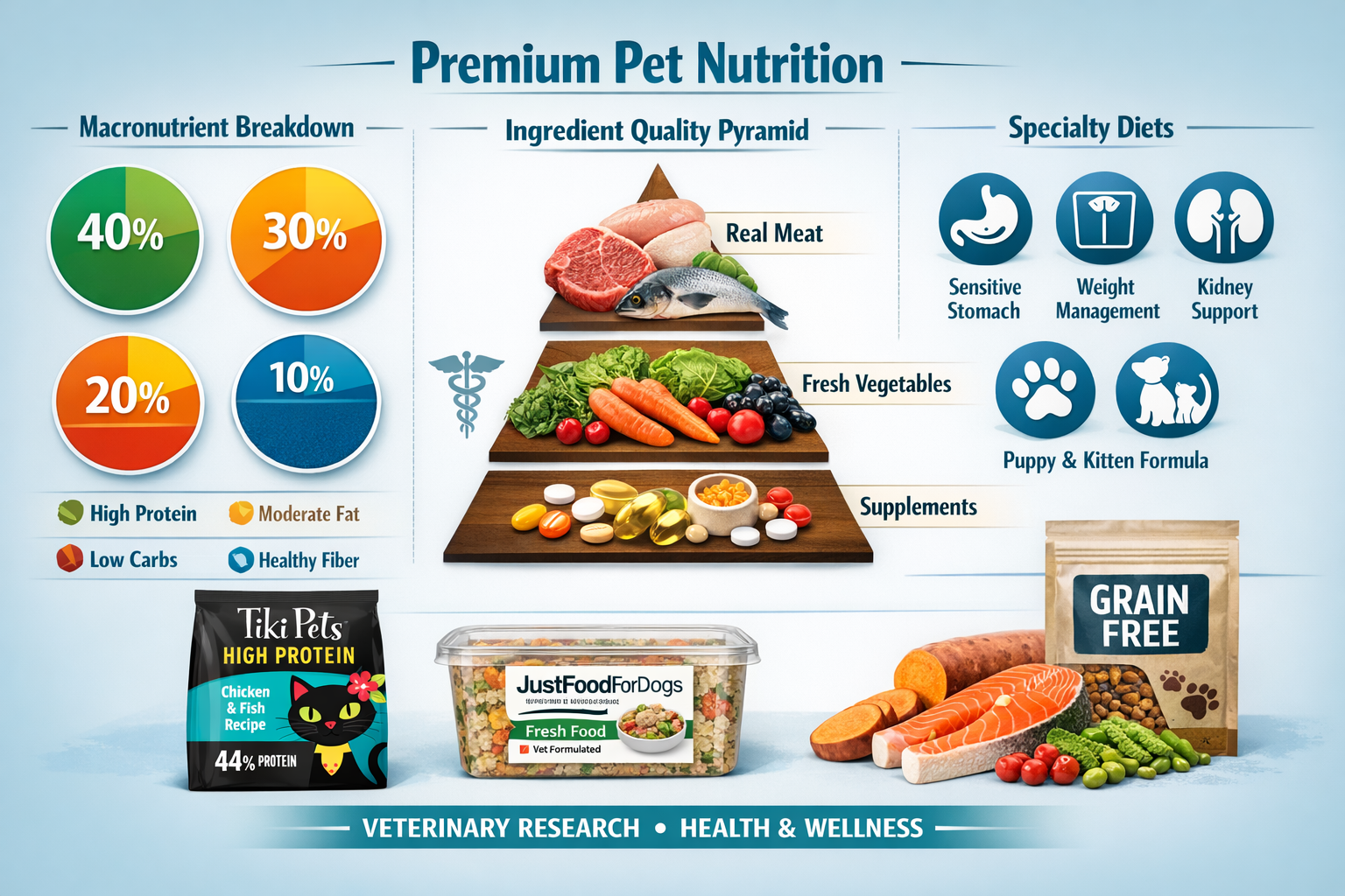 Landscape format (1536x1024) premium pet nutrition breakdown visualization featuring circular pie charts showing macronutrient ratios (prote