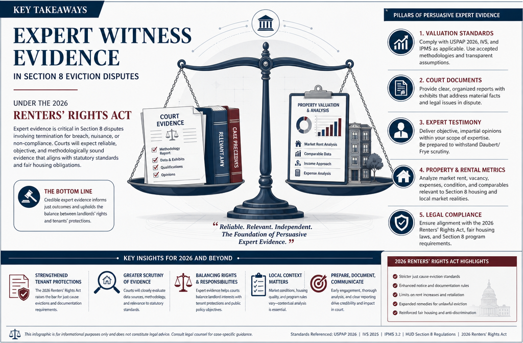Professional editorial infographic visualizing 'Key Takeaways' for Expert Witness Evidence in Section 8 Eviction Disputes,