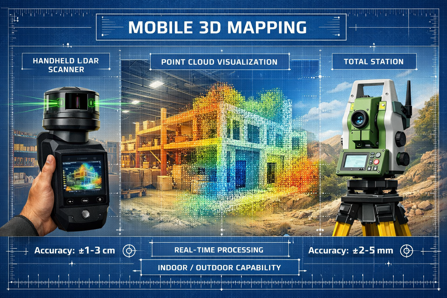 Landscape format (1536x1024) detailed illustration showing side-by-side comparison of mobile 3D mapping equipment: left side displays compac