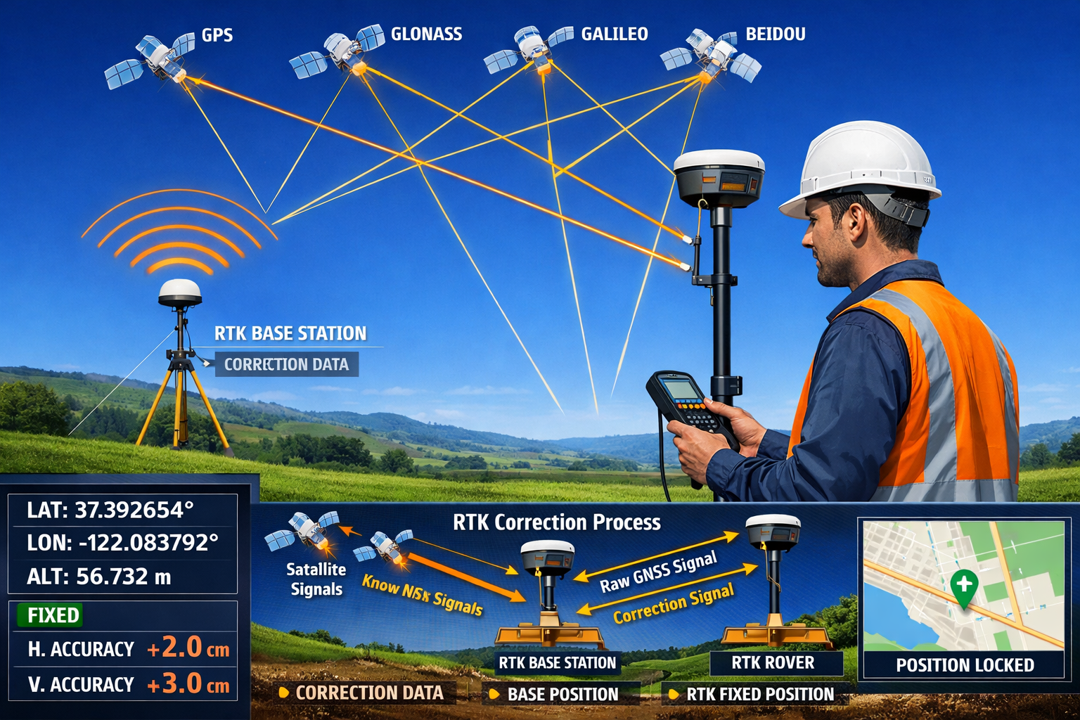 Landscape format (1536x1024) technical visualization of GNSS RTK surveying system in action: surveyor holding RTK rover receiver with antenn