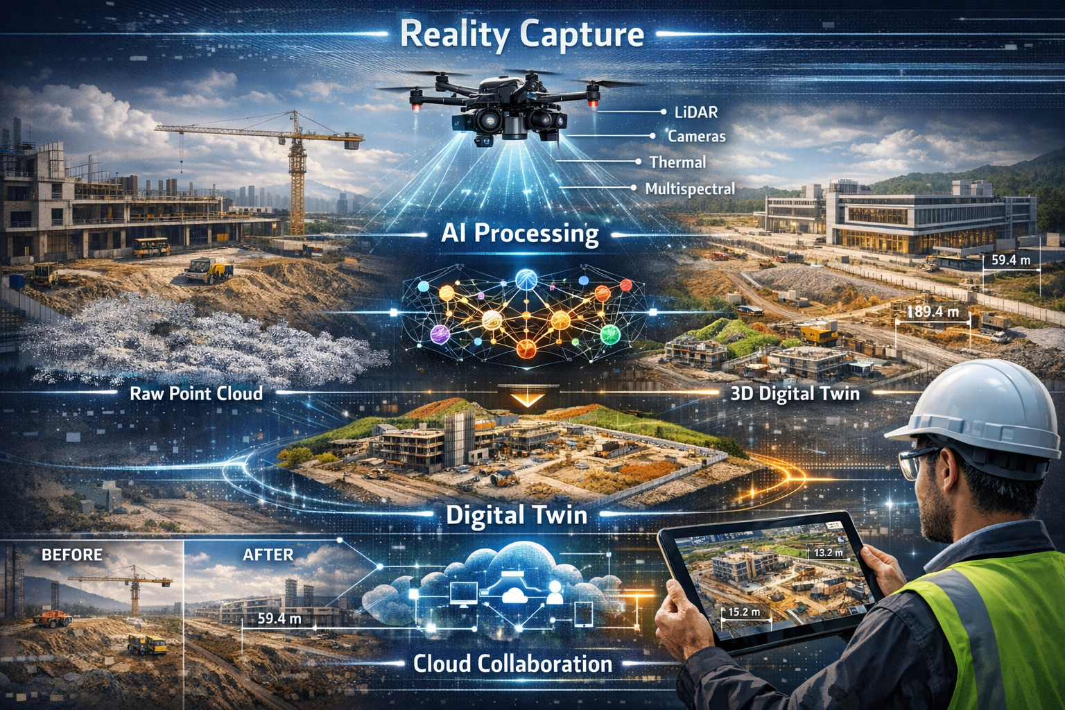 Landscape format (1536x1024) comprehensive reality capture workflow diagram showing autonomous drone with multiple sensors (LiDAR scanner, p