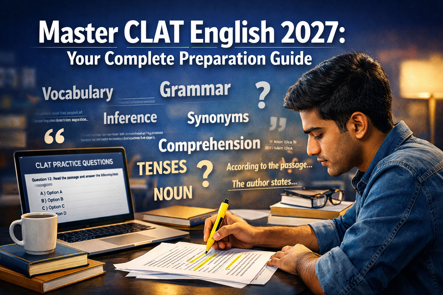 Professional landscape hero image (1536x1024) featuring bold text overlay 'Master CLAT English 2027: Your Complete Preparation Guide' in ext