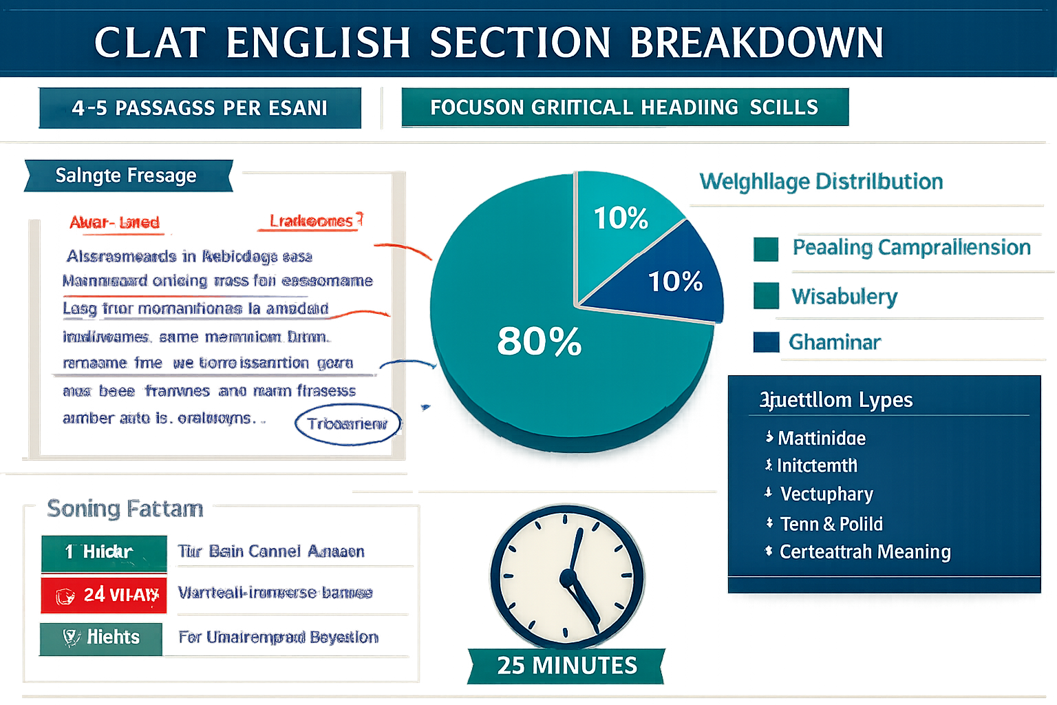 Detailed infographic showing CLAT English section breakdown with pie chart displaying weightage distribution: Reading Comprehension 80%, Voc