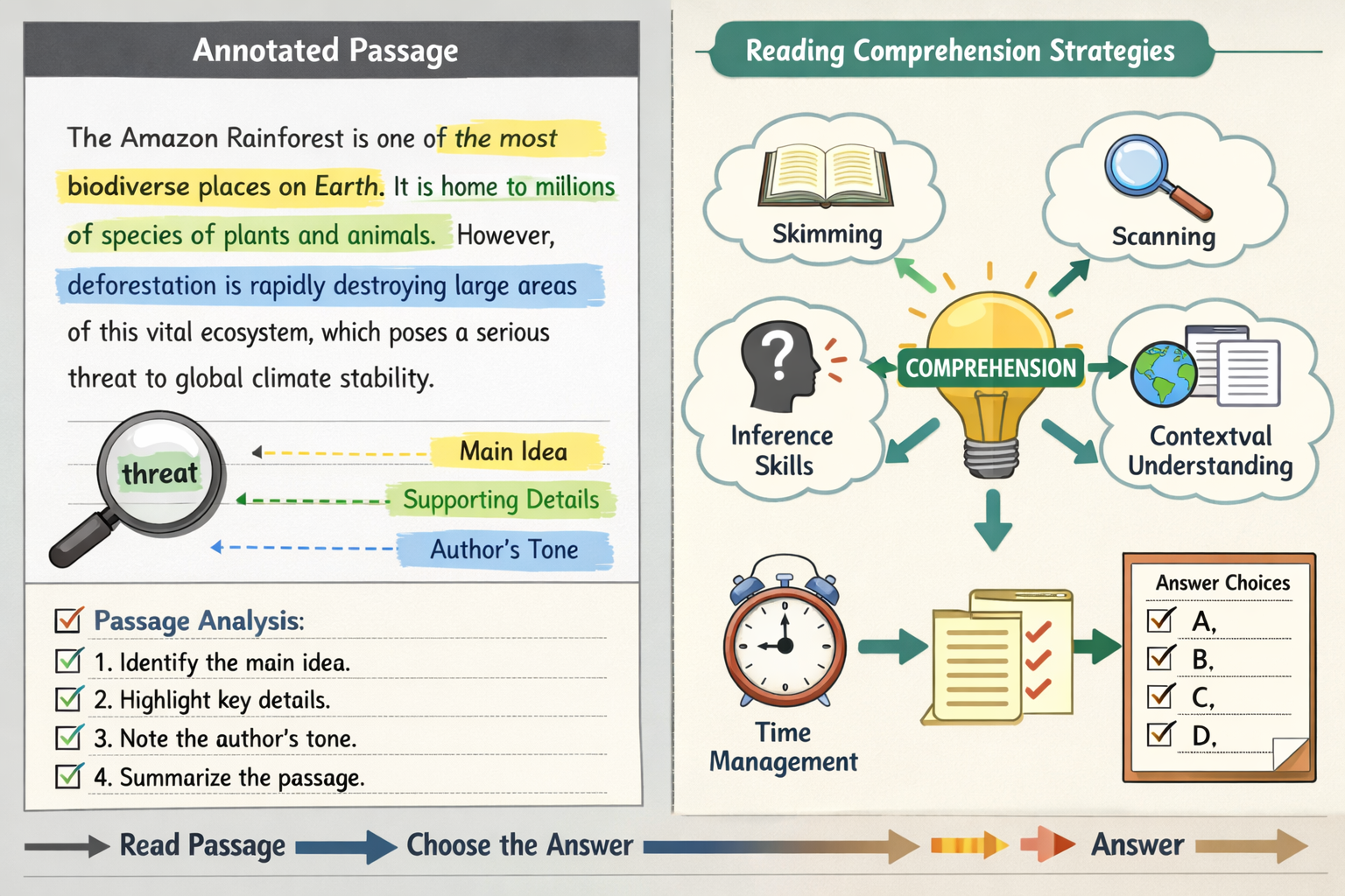 Comprehensive visual guide showing reading comprehension techniques with split-screen layout. Left side displays annotated passage with high