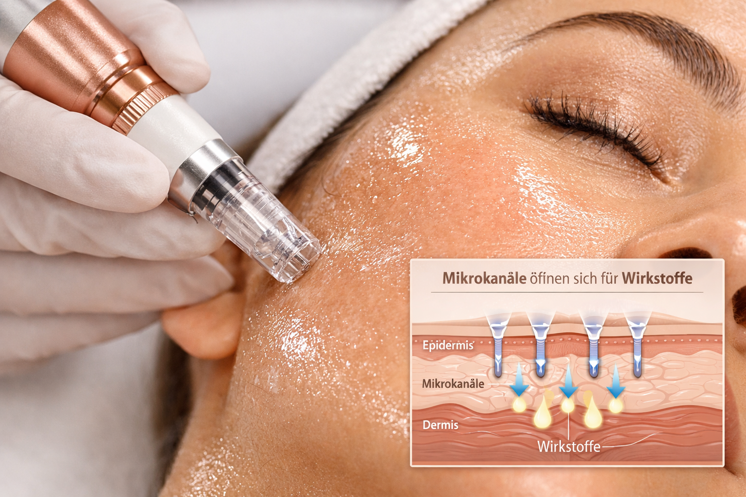 Querformat () Nahaufnahme einer professionellen Microneedling-Behandlung: Ein steriler Microneedling-Pen gleitet sanft über