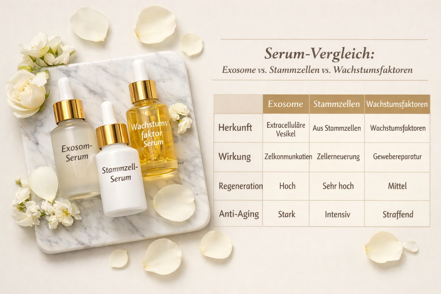 Querformat () Stilvolle Flat-Lay-Komposition von oben: Verschiedene luxuriöse Serum-Fläschchen mit Pipetten (Exosom-Serum,