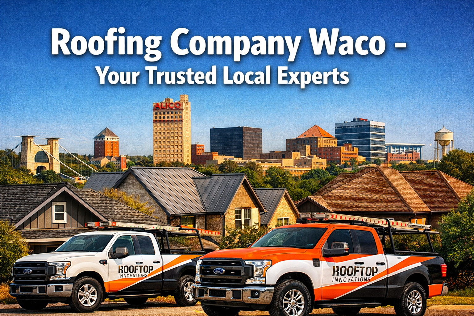 Professional landscape hero image (1536x1024) featuring bold text overlay 'Roofing Company Waco - Your Trusted Local Experts' in extra large