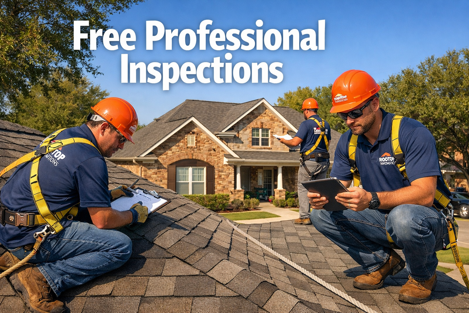Detailed landscape image (1536x1024) showing professional roofing contractors from Rooftop Innovations performing residential roof inspectio
