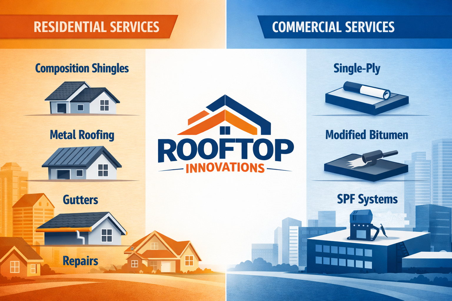 Landscape image (1536x1024) displaying comprehensive roofing services infographic with split-screen layout. Left side shows residential serv