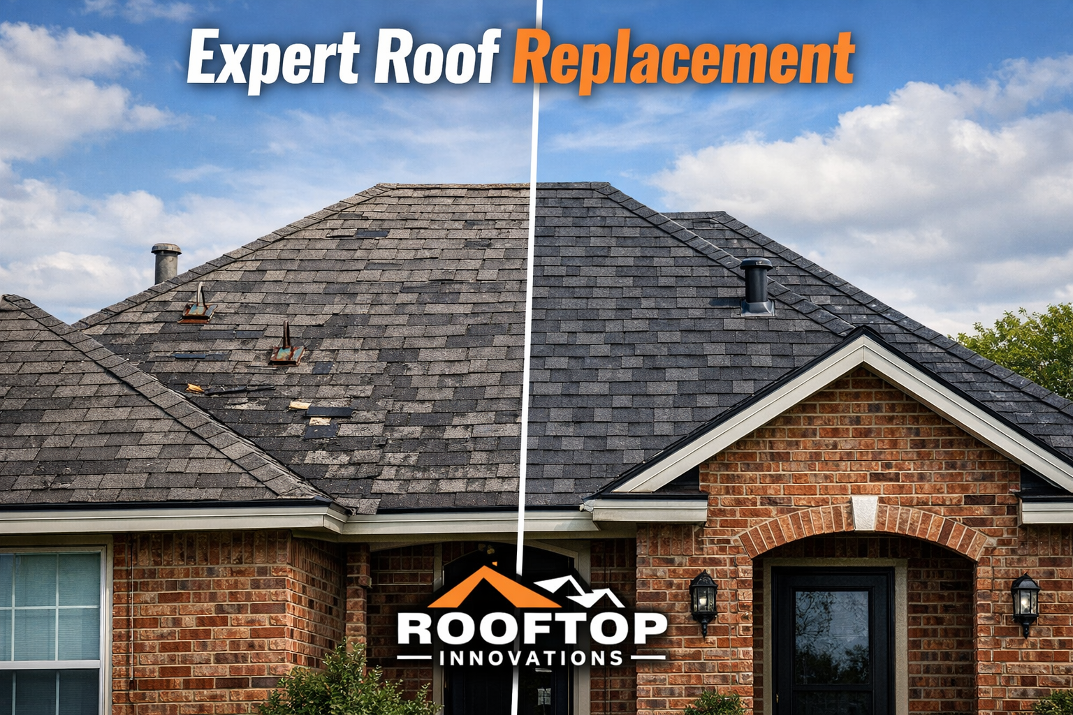 Landscape image (1536x1024) featuring dramatic before-and-after comparison of Waco roof replacement project. Split screen showing weathered,